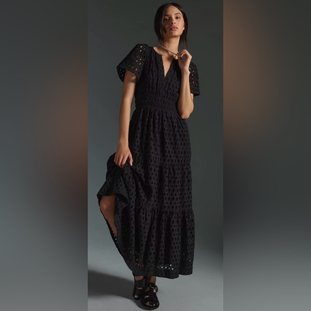 NWT Anthropologie Black Eyelet V-Neck Maxi Dress. XS Petite